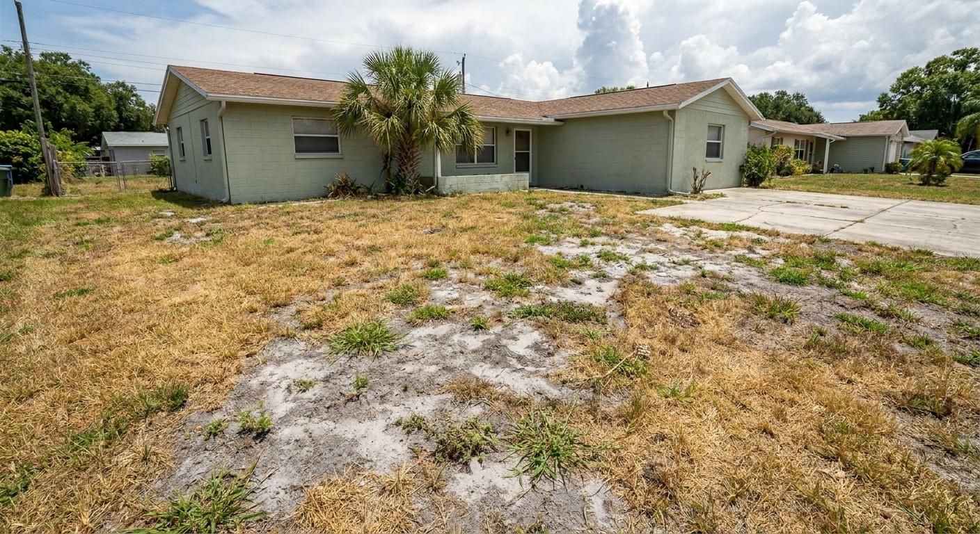 Dead, patchy St. Augustine lawn with bare sand before sod replacement in Tampa
