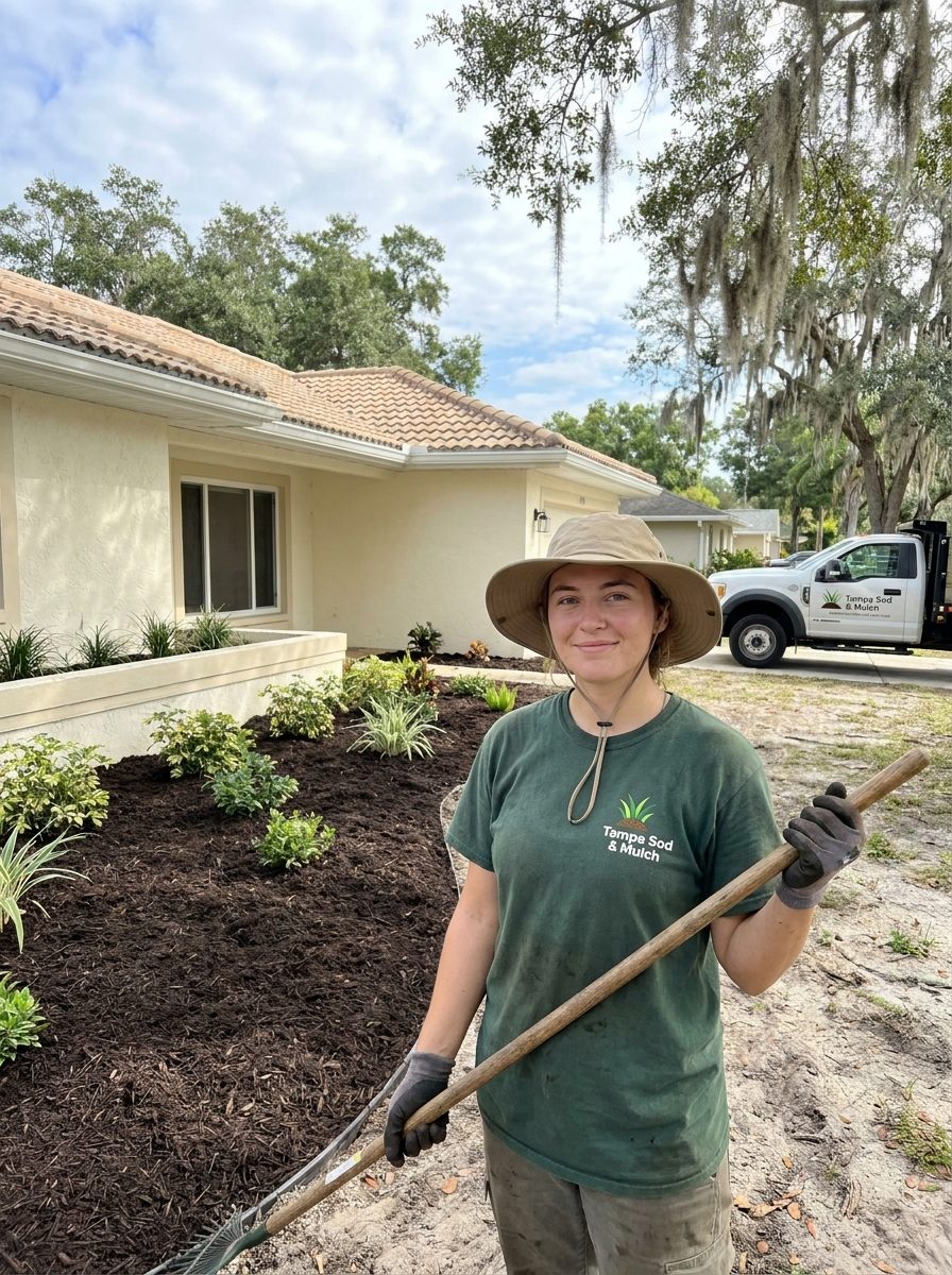 Landscape technician beside a freshly mulched bed at a Tampa home